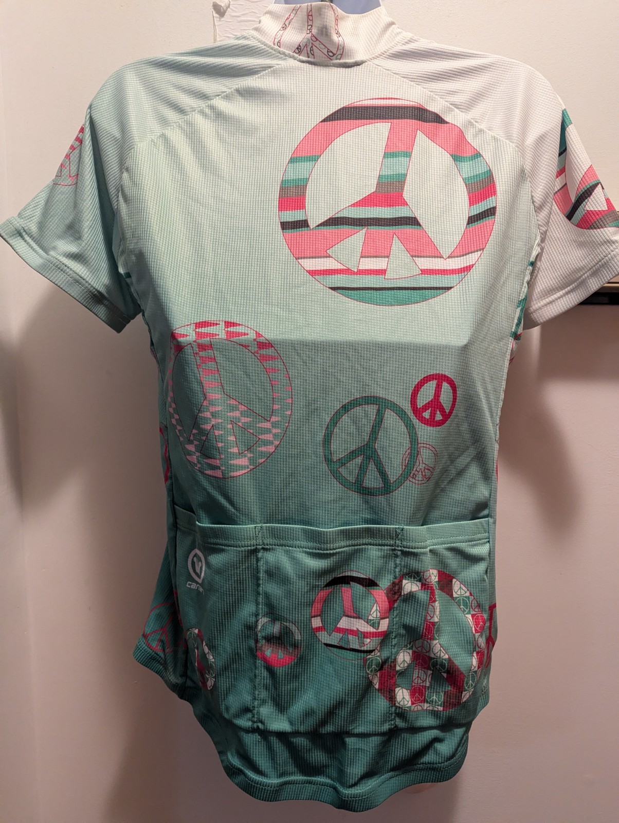 Canari Women’s Large Full Zip Green/Pink Peace Themed Short Sleeve Pocket Rear