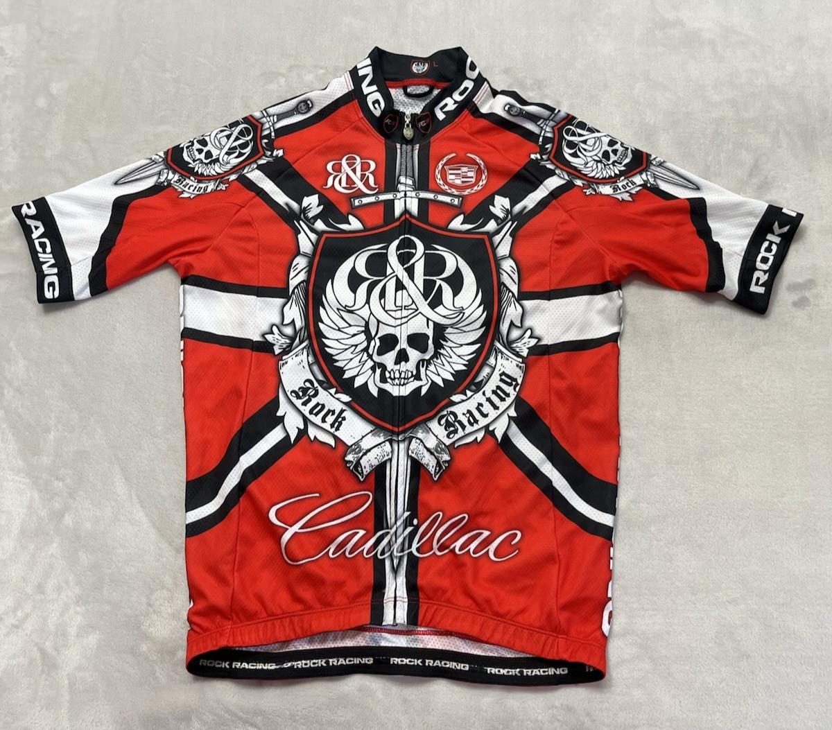 Rock Racing Cycling Jersey Men Large Red Black Skulls Full Zip Cadillac made USA
