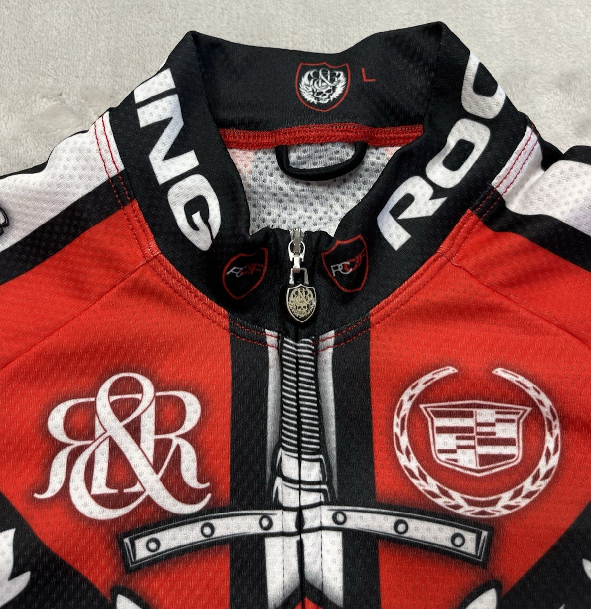 Rock Racing Cycling Jersey Men Large Red Black Skulls Full Zip Cadillac made USA