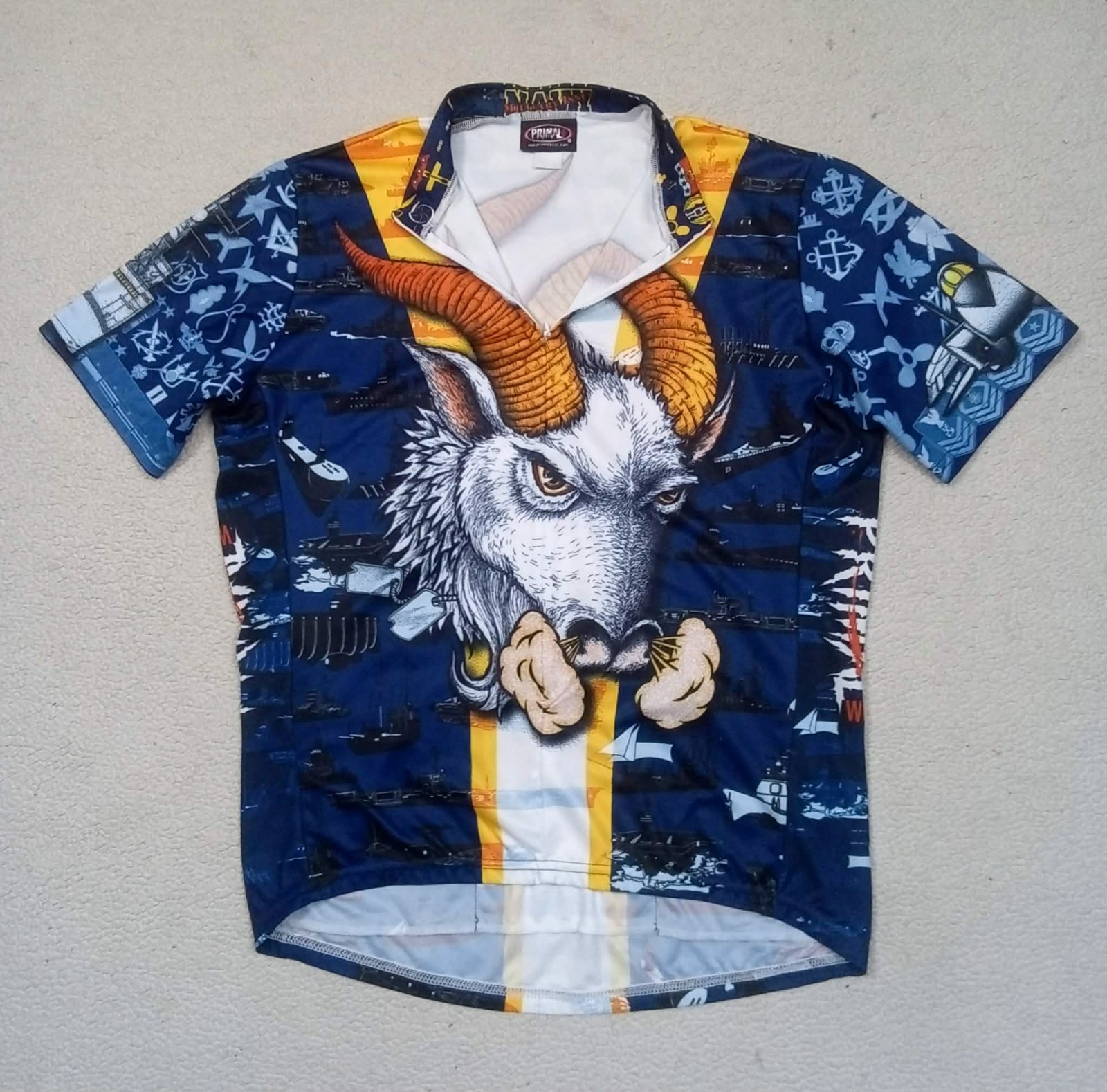 RARE VTG 90s Primal Wear USA Navy Pride Bill the Goat Cycling Jersey (Fits 2XL)