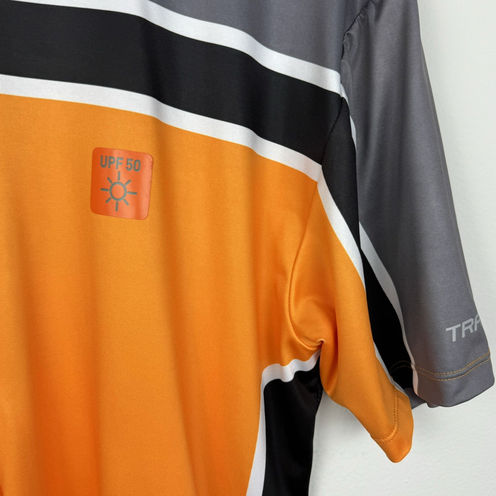 TRAYL Cycling Orange Gray Bike Jersey Short Sleeve Shirt Sz LARGE UPF 50 Zipper
