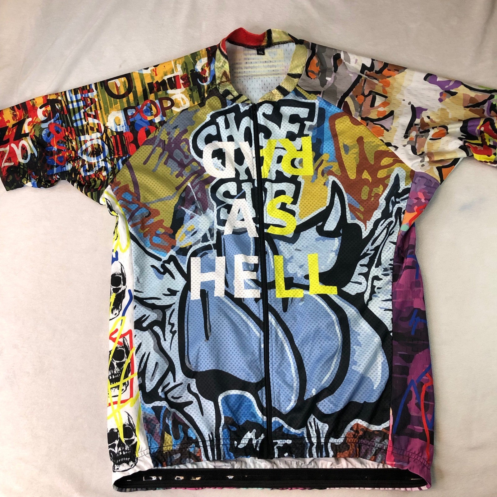 Cycling Jersey Mens 3XL Full Zip Pocket Colorful Graffiti Skull Frog Rad As Hell