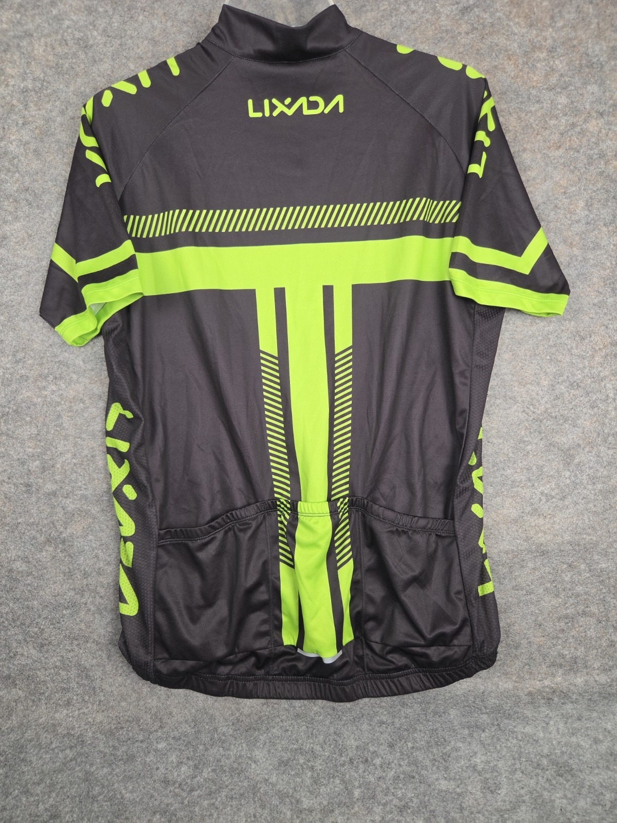 LIXADA Cycling Jersey Mens L Black & Green 3 Pocket Back Full Zip Short Sleeve