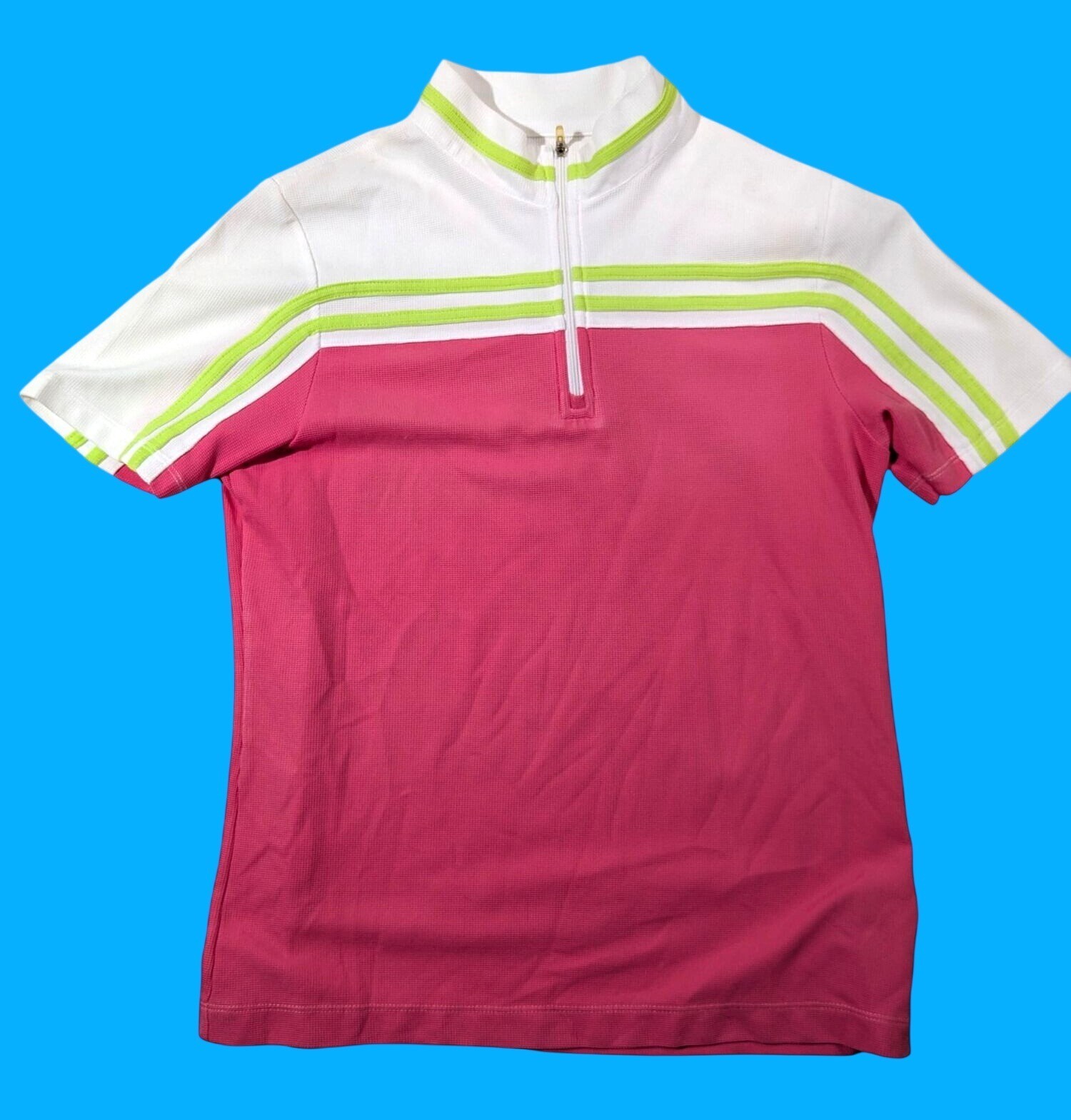 TG Pink & White Cycling Jersey With Neon Green Stripes Half Zip Womens Size XS