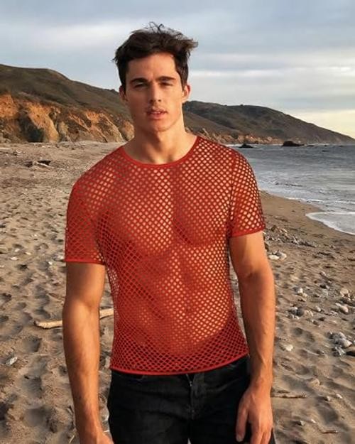 Men’s Mesh Fishnet Top Short Sleeve Sheer See Through T Shirt Fitted Large Red