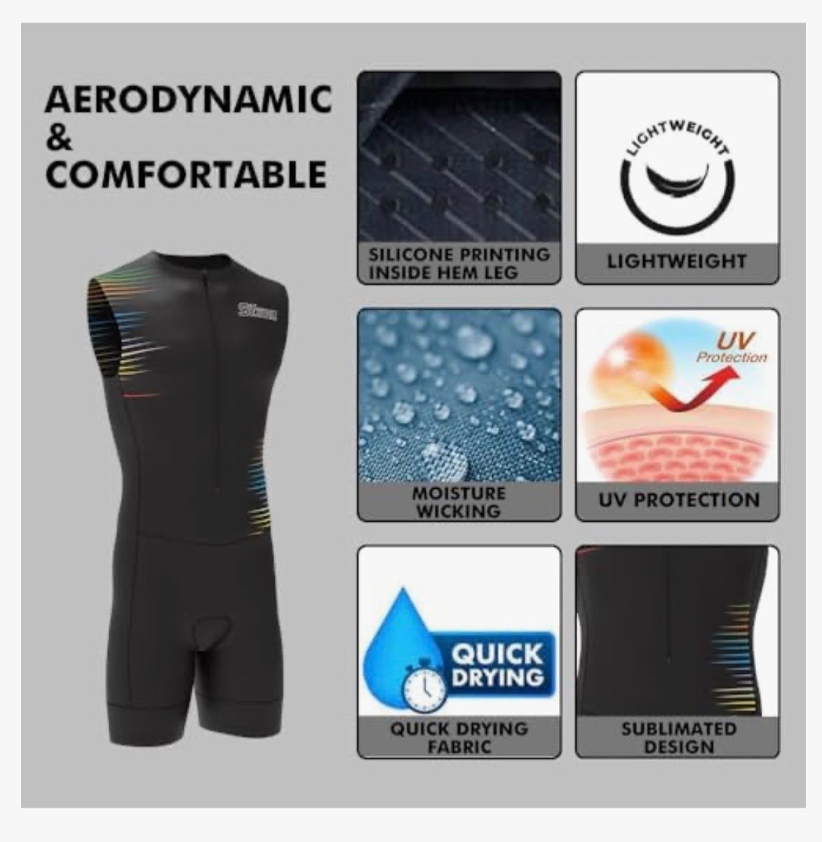 Sikma Men’s Sublimated Cycling Skinsuit Gel Padded Triathlon One Piece Suit+gift