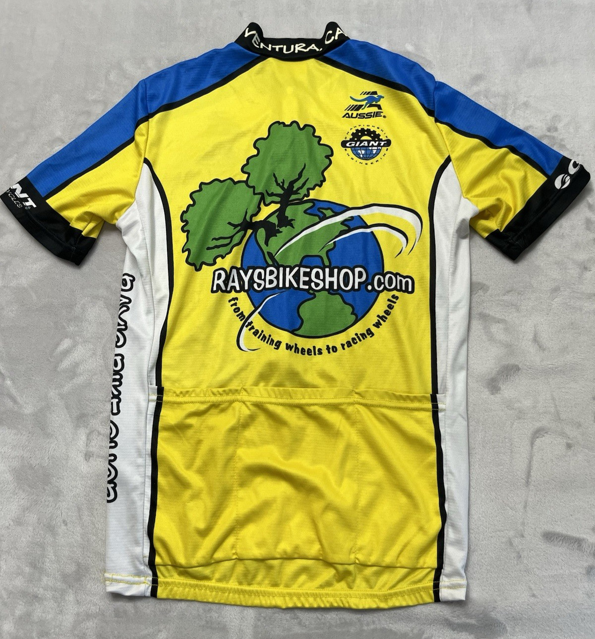 VTG Aussie Cycling Jersey Men Medium Yellow Rays Bike Shop Logo Back Pockets