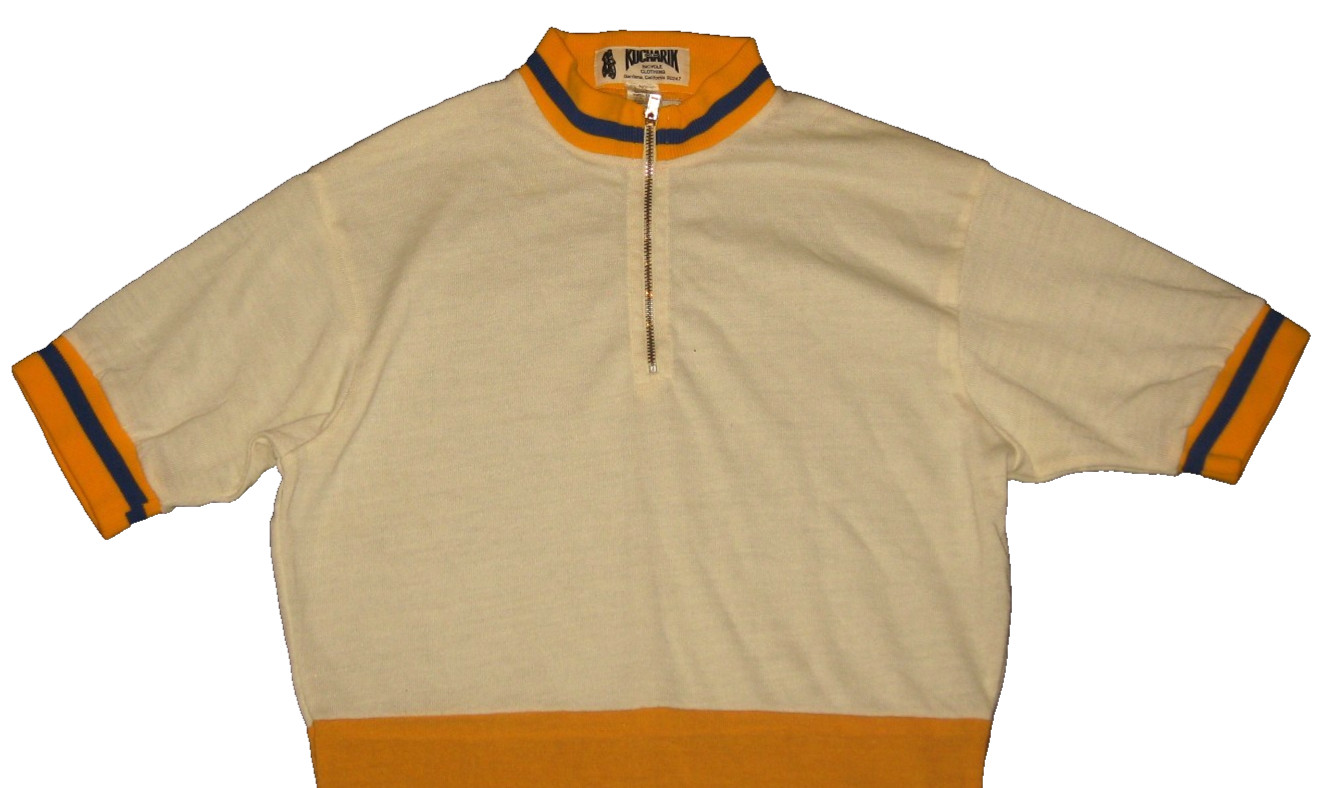 LN VtG 80s KUCHARICK Cycling Long Jersey White/Gold Wool Blend Back Pockets S-M