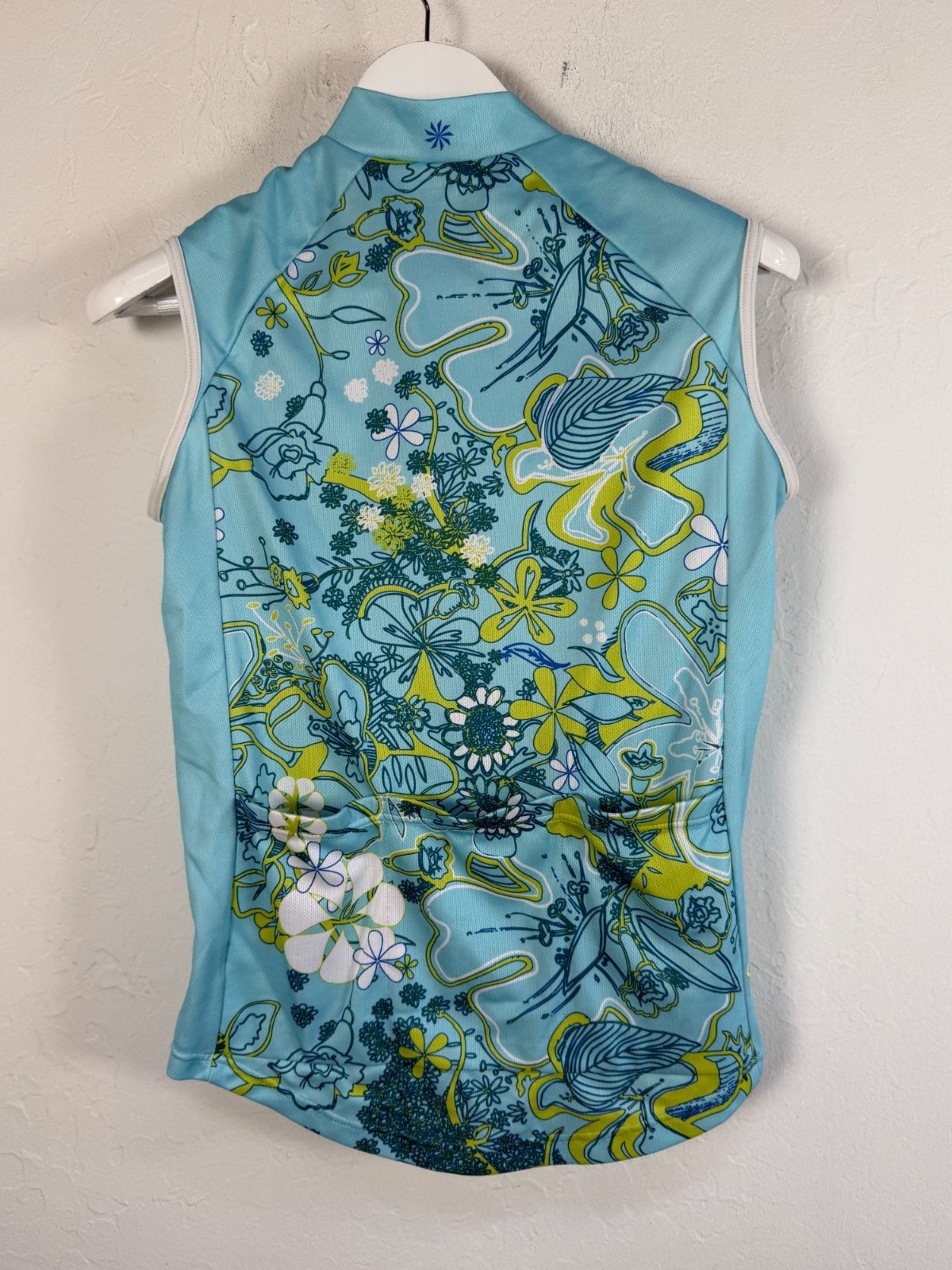 Athleta Women Sleeveless Cycling Jersey Tank Top Floral Blue Green Mock Neck Zip