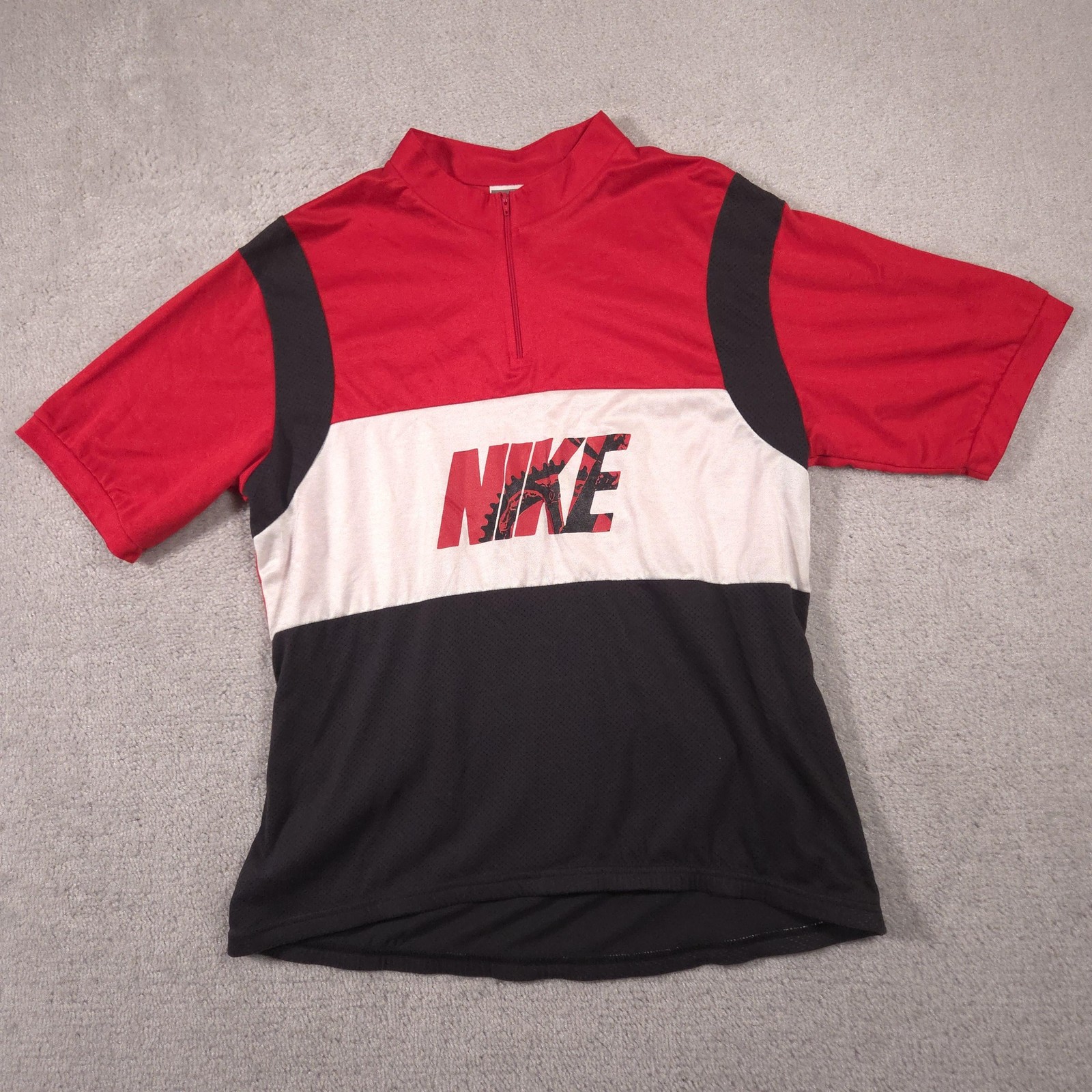 Vintage Nike Cycling Jersey Shirt Mens Large Red Black 1/4 Zip Mesh Graphic 90s