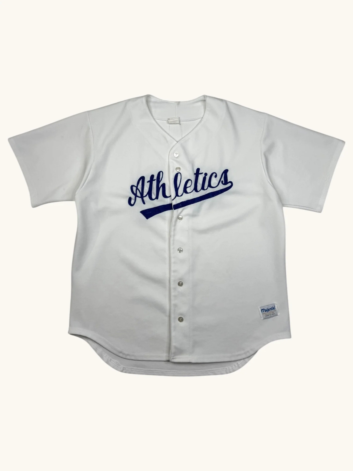 Vintage Majestic Athletics Baseball Jersey White Navy Blue Button Front USA Made