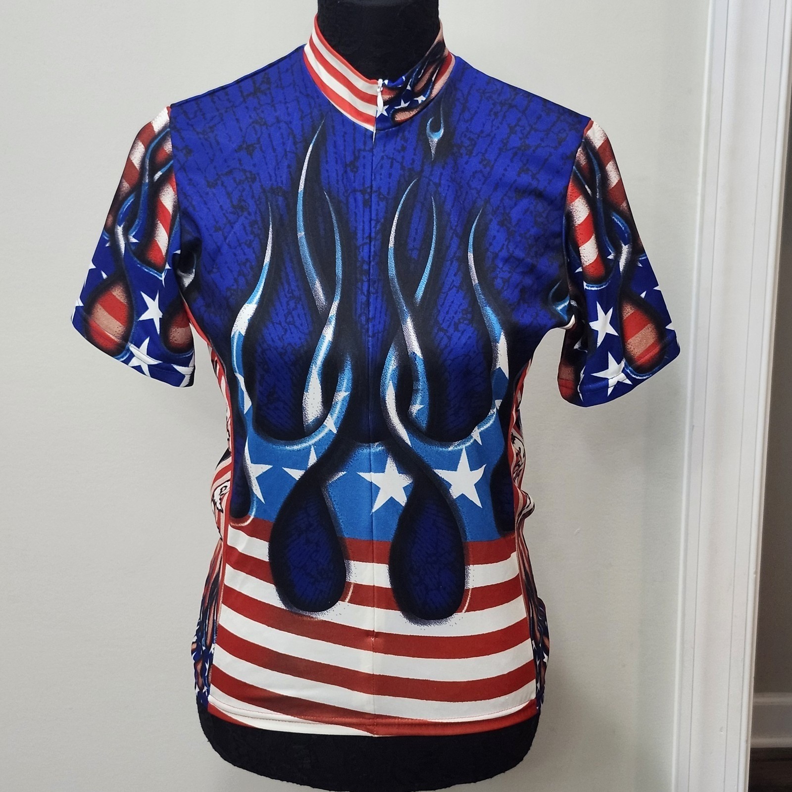 Primal Wear Cycling Jersey American Flag Blue Flame Patriotic Athletic Small