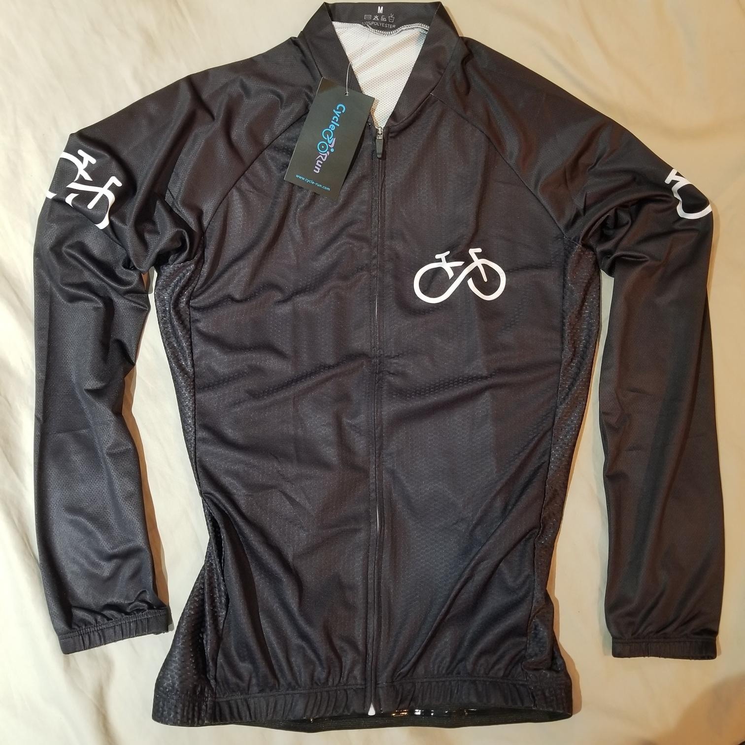 Cycle-Run Black Full Zip Long Sleeve 100% Polyester Athletic Cycling Jersey Med