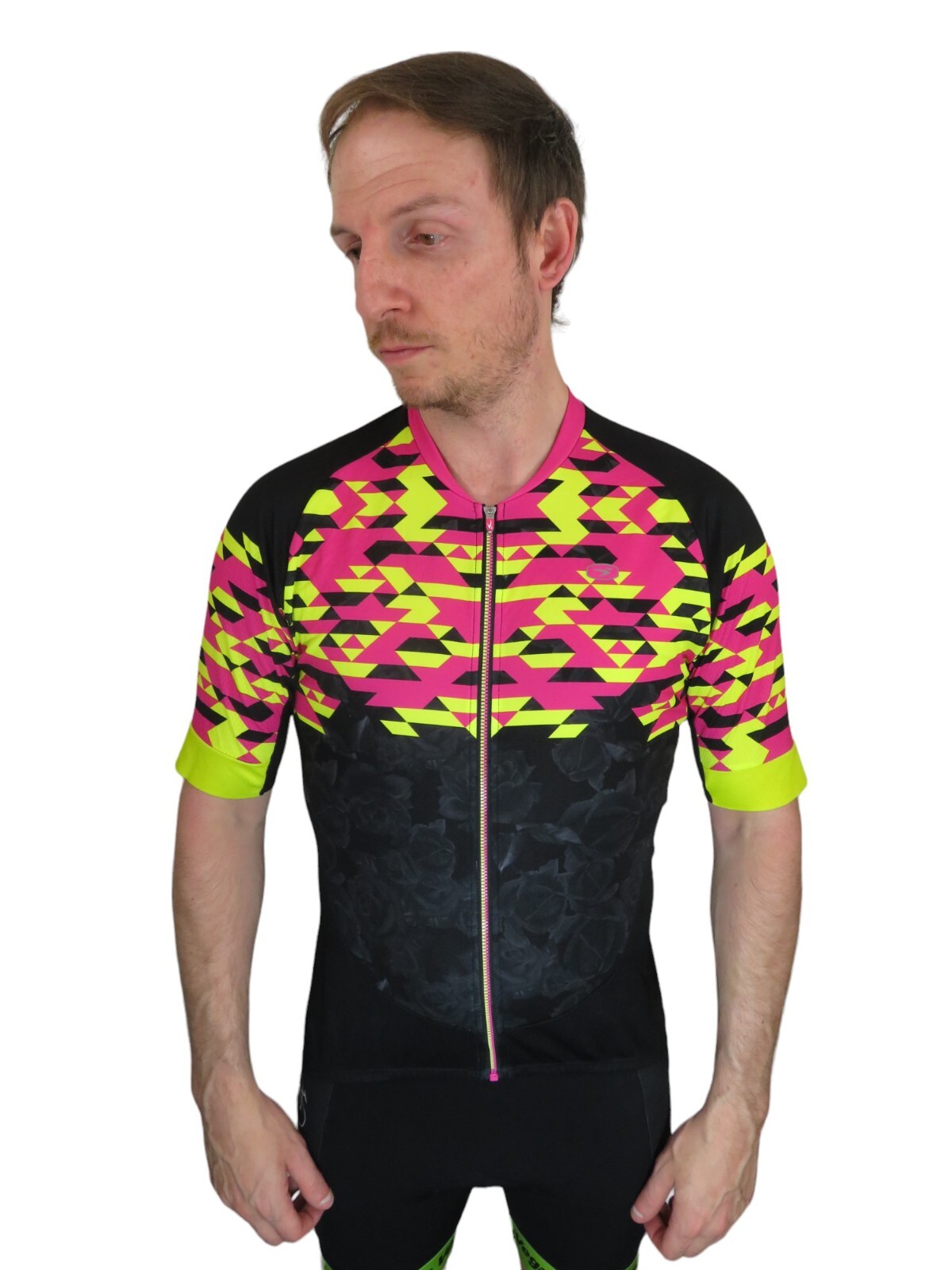 Sugoi Floral Neon Pink Yellow Race Full Zip Pro Cycling Bike Jersey Womens Large
