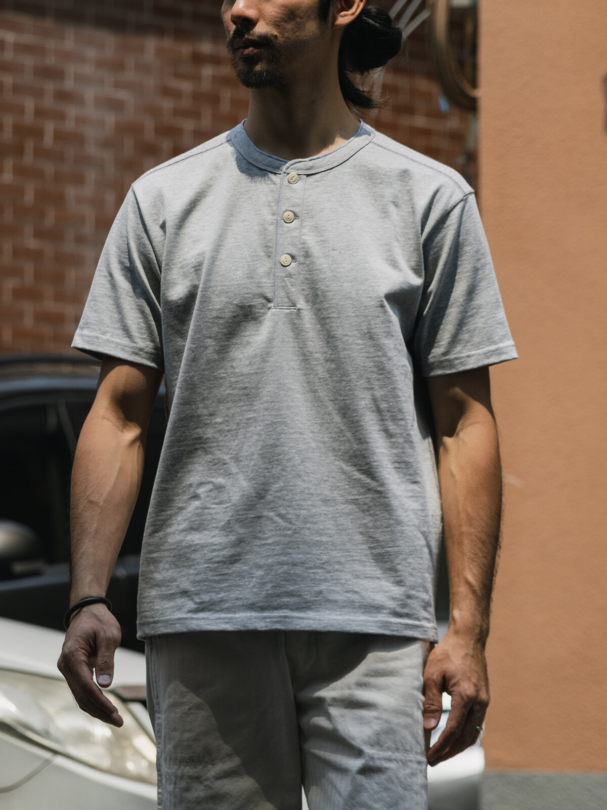 Bronson Henley T-Shirt Men Heavyweight Cotton T-Shirts Short Sleeve Basic Tee