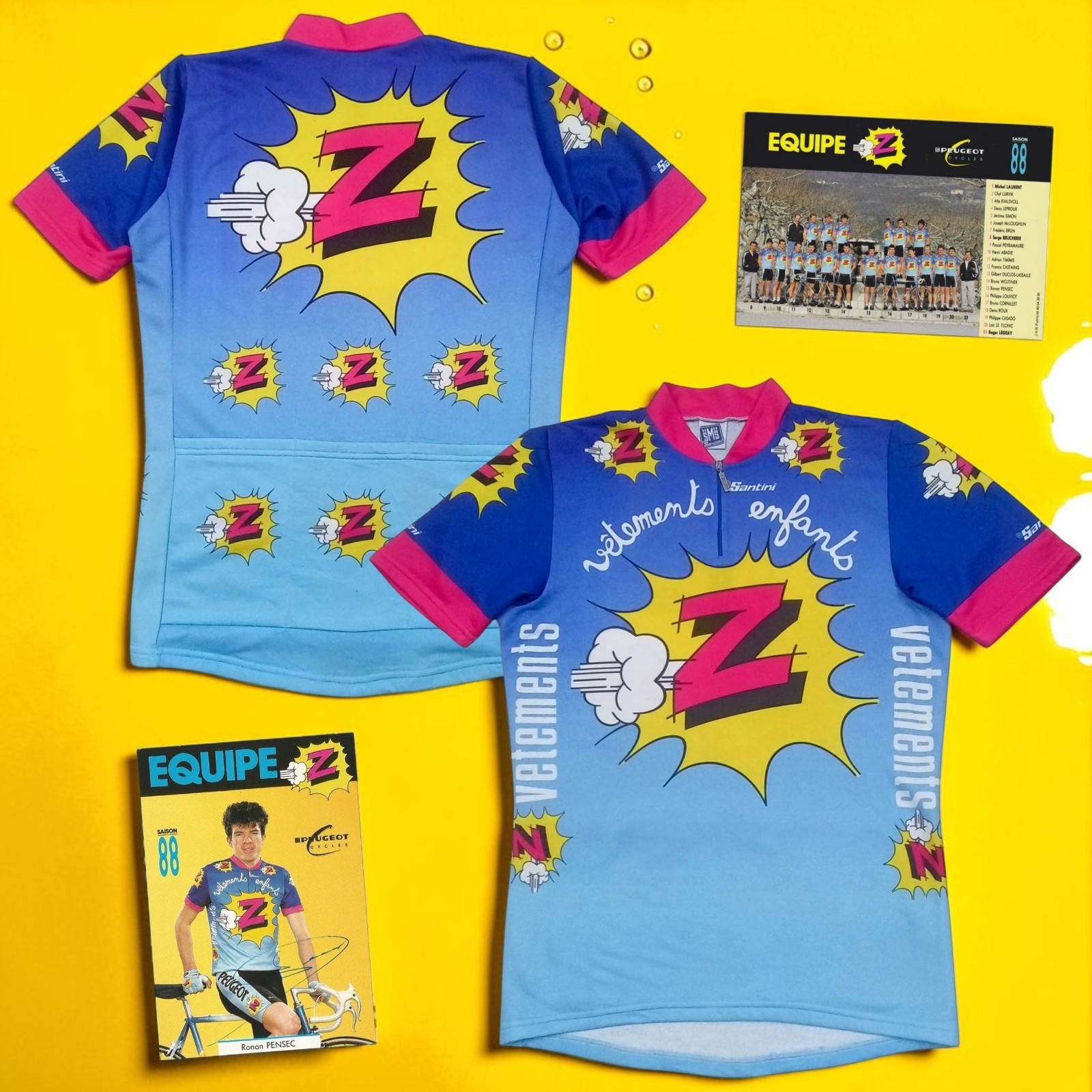 RARE VTG 1988 Team Z Peugeo Vetements Santini Cycling Jersey Tour de France Sz L