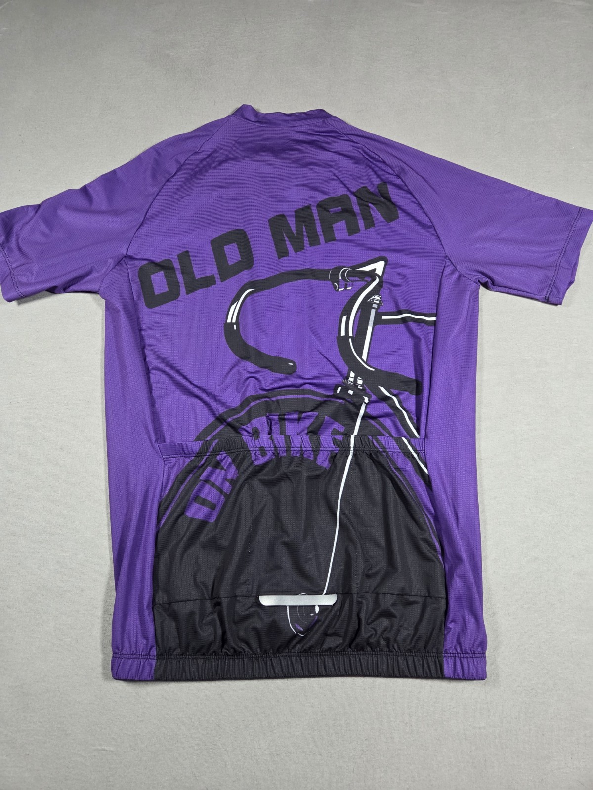 Old Man Cycling Jersey Size Medium Full Zip Purple and Black Short Sleeve