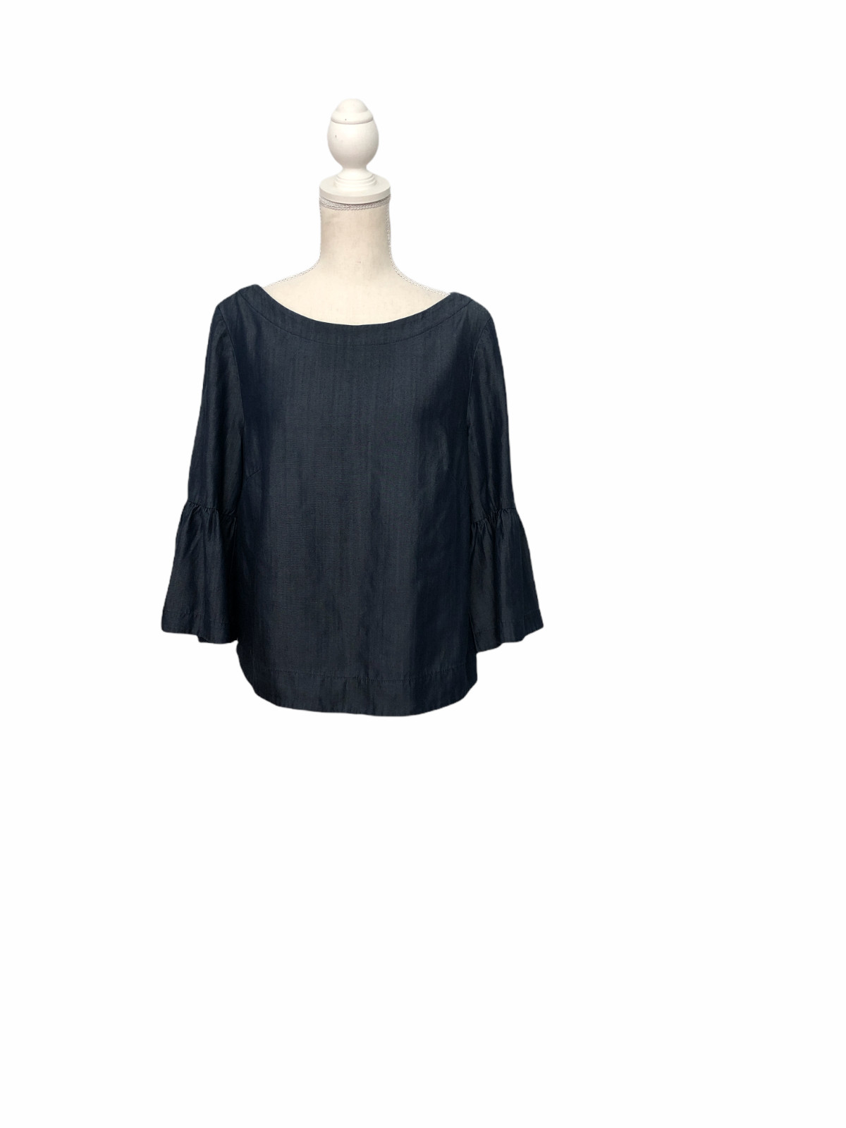 White House Black Market Women Crop Blouse Size 10 Blue Chambray Ruffle Sleeve
