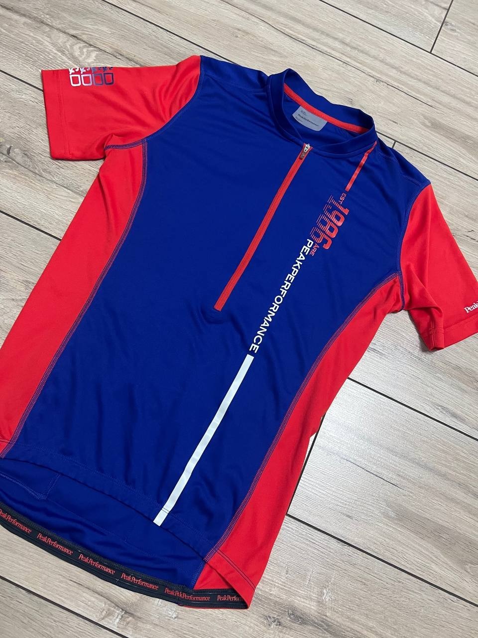 Men’s Peak Performance Cycling Bike Racing Jersey Big Log sz M Blue 1/2 Zip