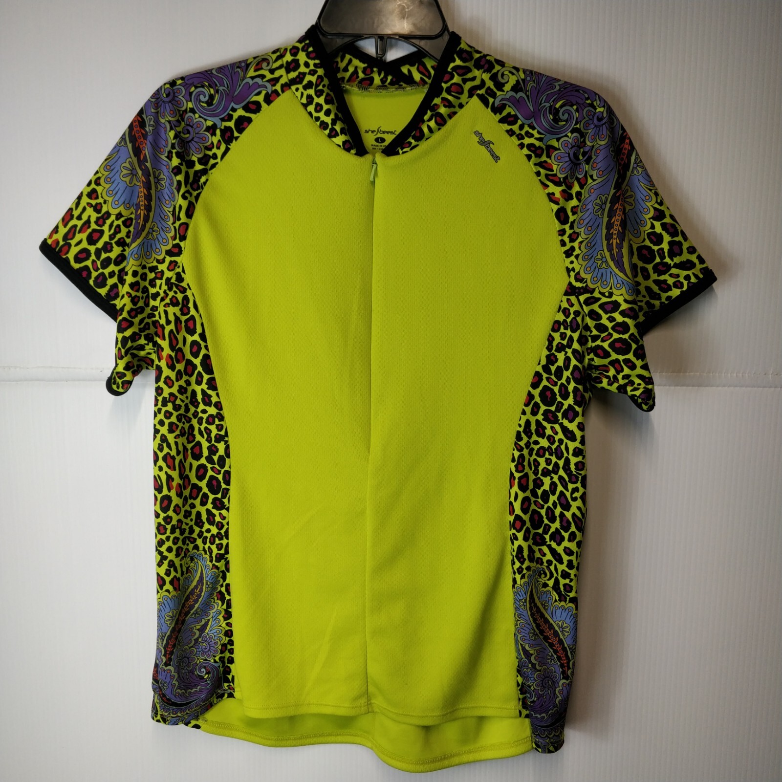 Shebeest Women’s Size L Cycling Jersey 1/2 Zip Green Multicolor Leopard Paisley
