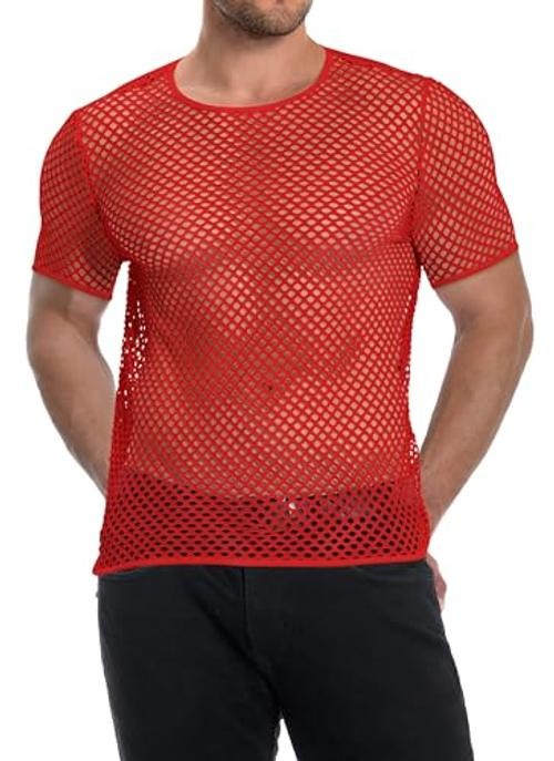 Men’s Mesh Fishnet Top Short Sleeve Sheer See Through T Shirt Fitted Large Red
