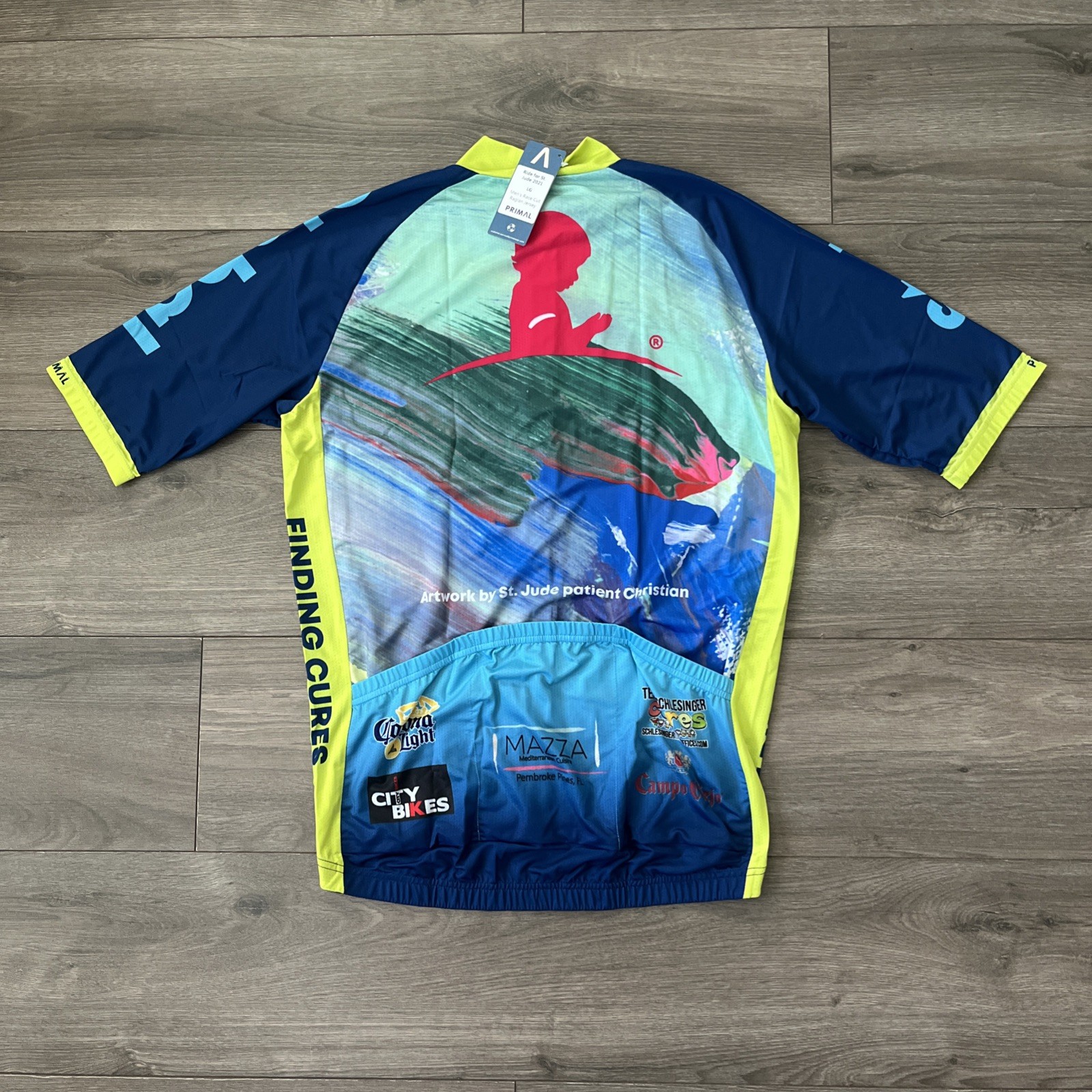 Primal Cycling Jersey Race Cut Mens L Full Zip Short Sleeve Blue Green St Jude