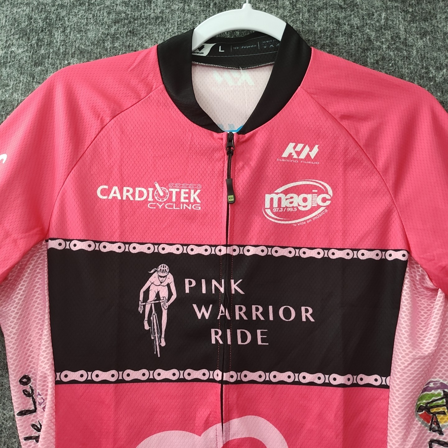 New Pink Warrior Ride Cycling Womens Jersey Large Full Zip Pink Back Pockets