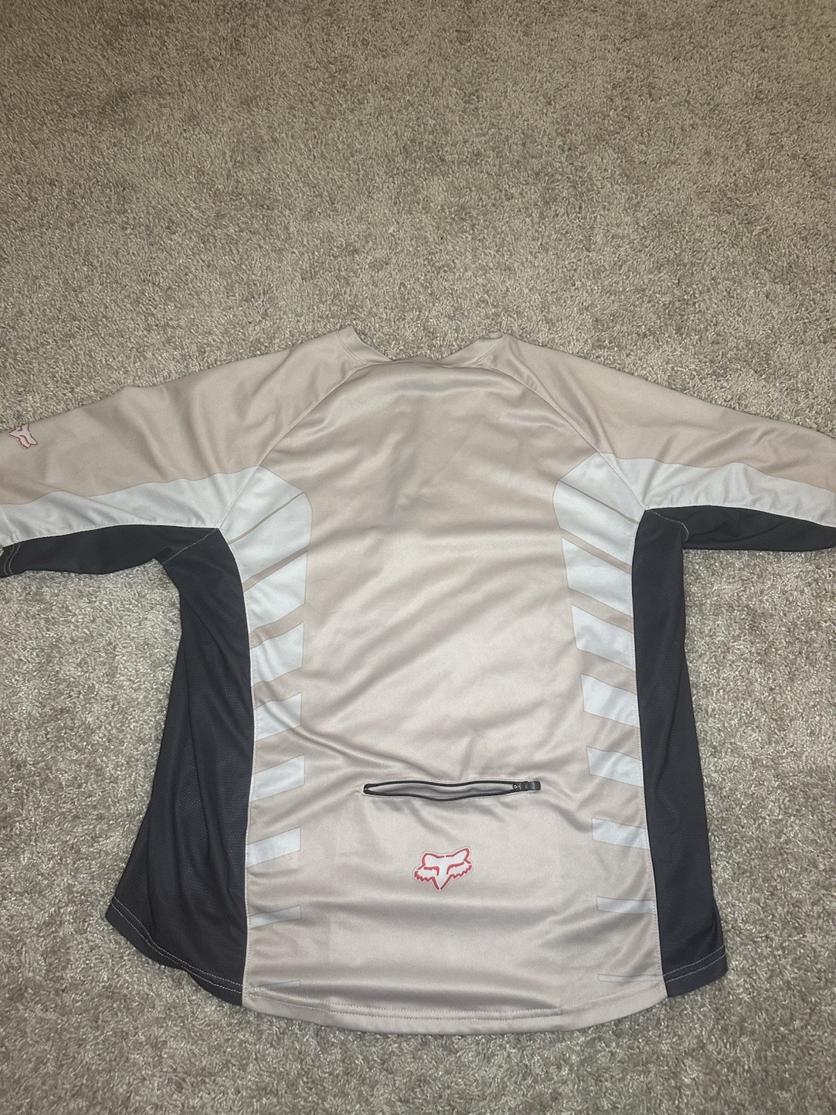 Vintage Fox Racing Cycling Jersey Mens L Tan Grey White 1/4 Zip Rear Pocket