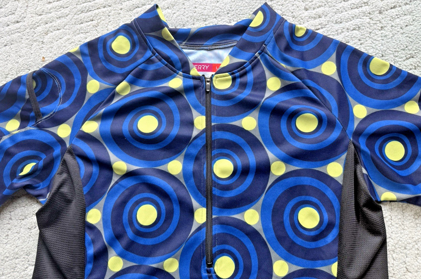 Terry Cycling Jersey Shirt Womens Large Half Zip Graphic Circle Pattern Pockets