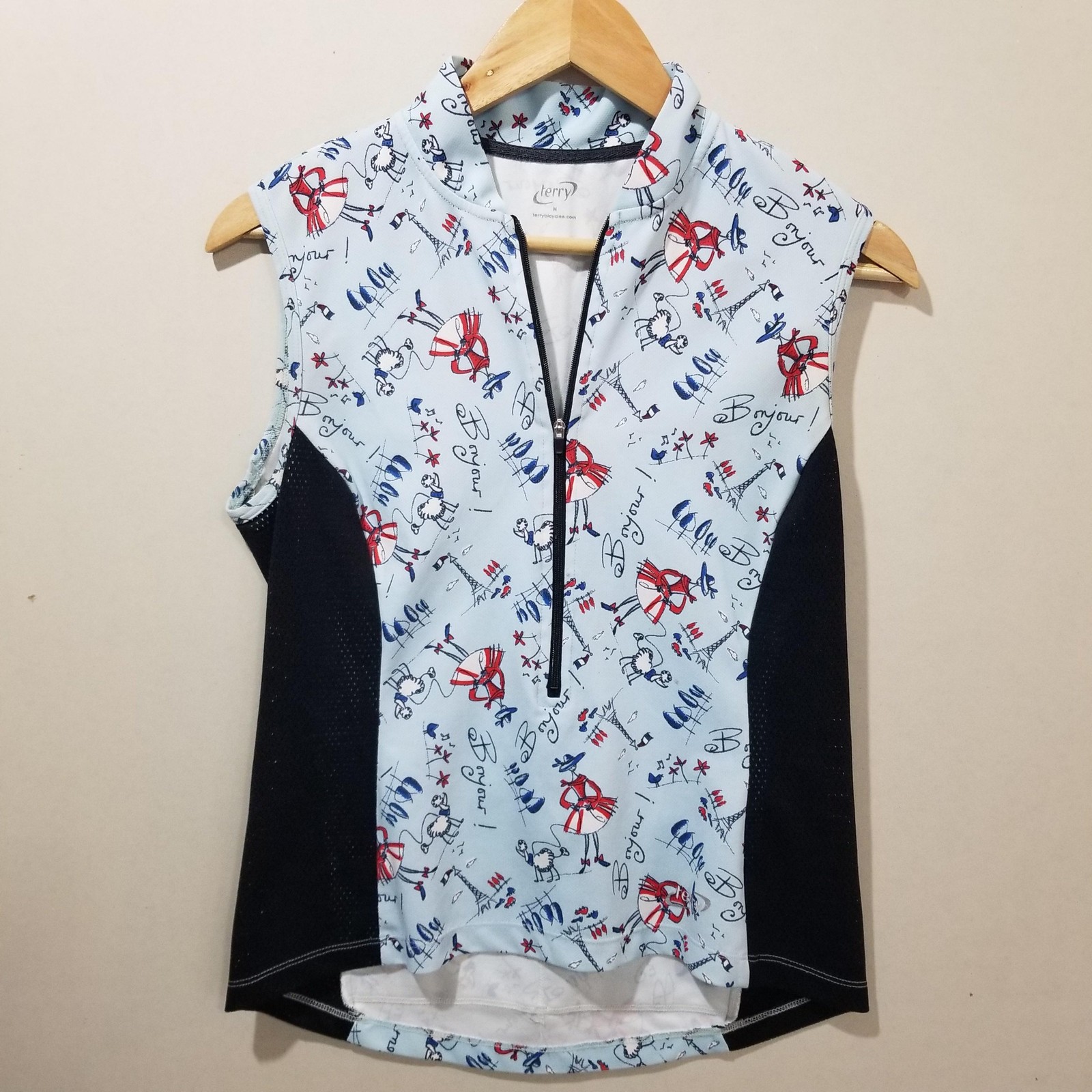 Terry Cycling Jersey Tank Womens Medium Blue Sleeveless Shirt USA Pockets Zip