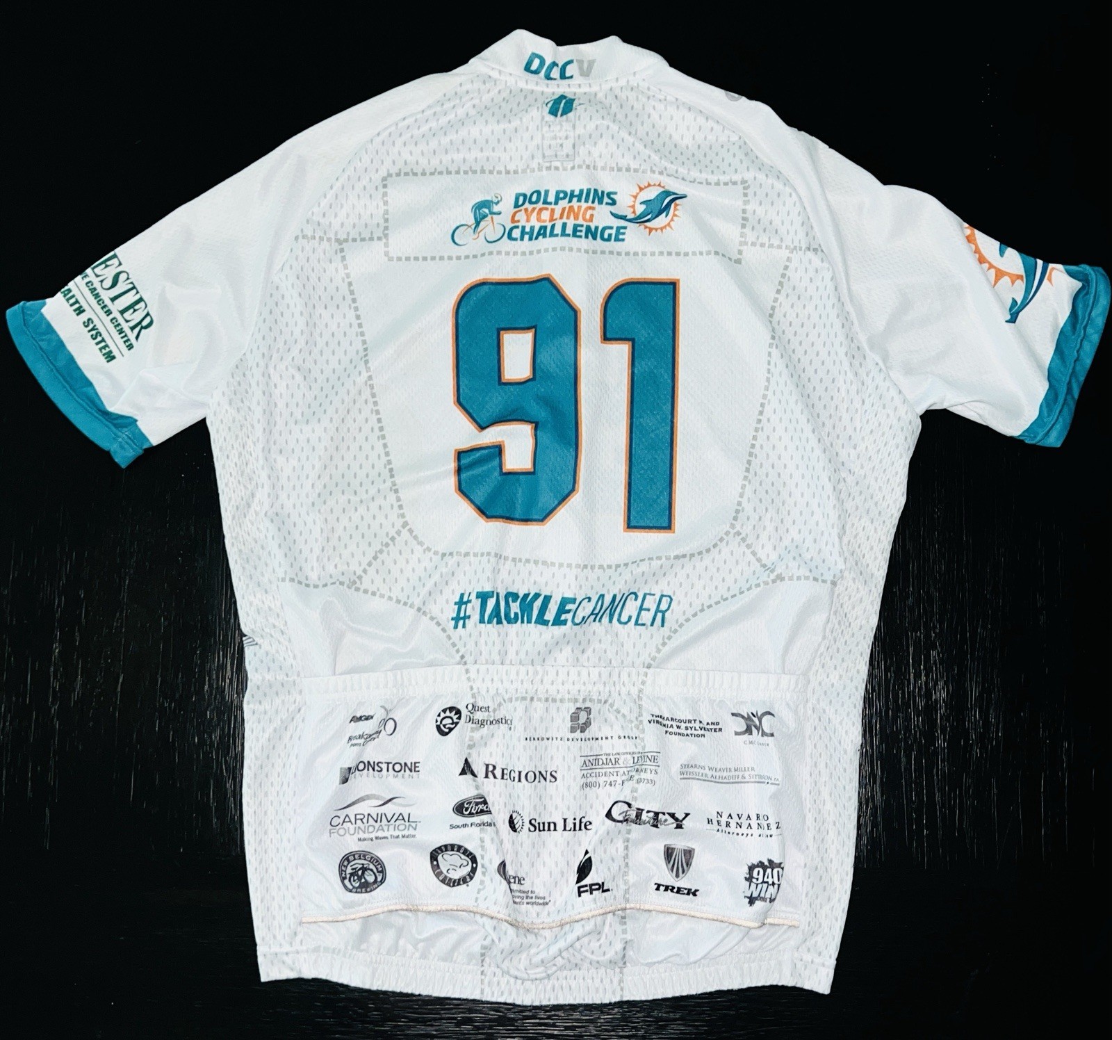 Vtg Hincapie Dolphins Cycling Challenge DCC V 2015 # 91 Tackle Cancer Jersey XL