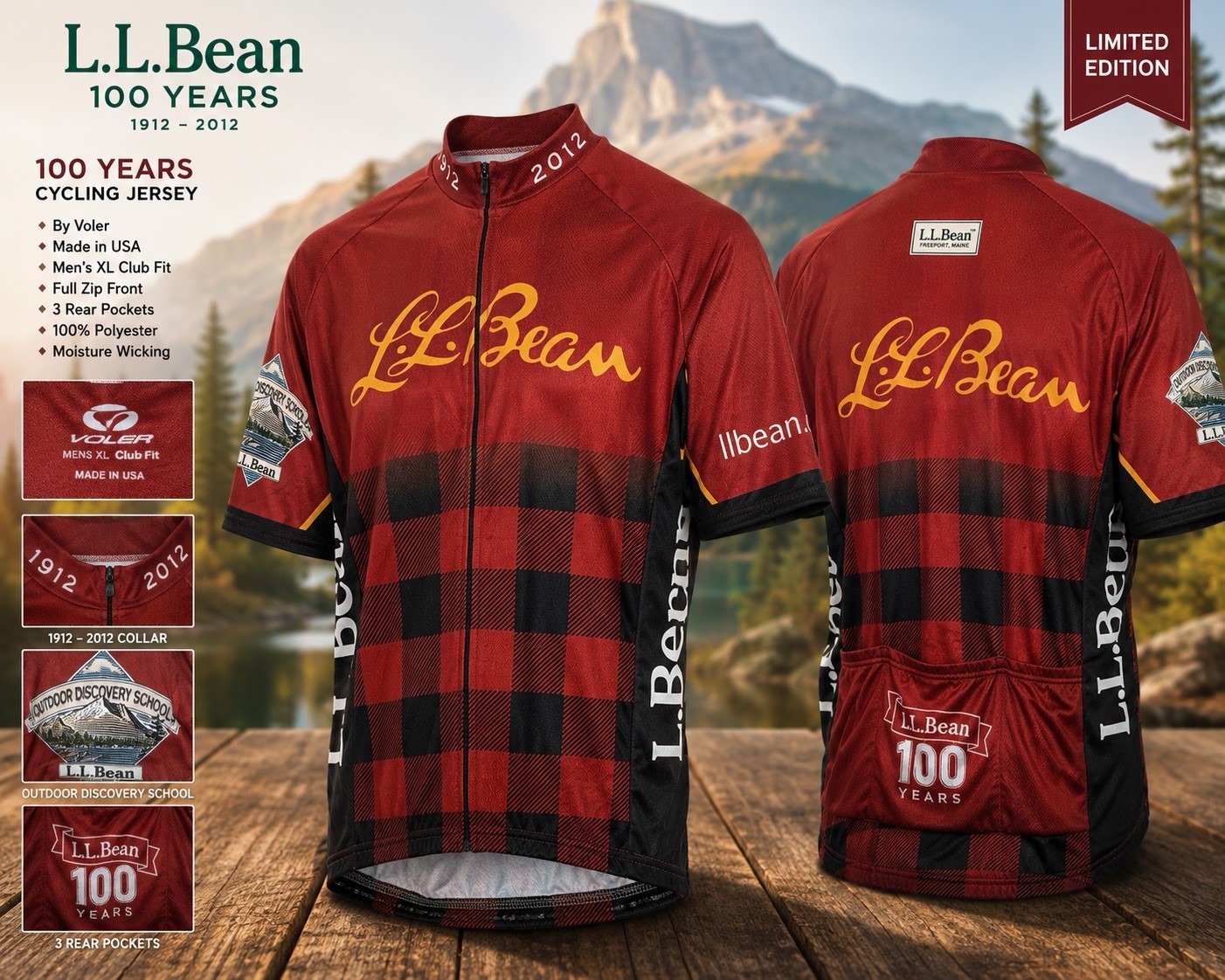 L.L.Bean 100 Years Cycling Jersey Voler USA Mens XL Club Full Zip Buffalo Plaid
