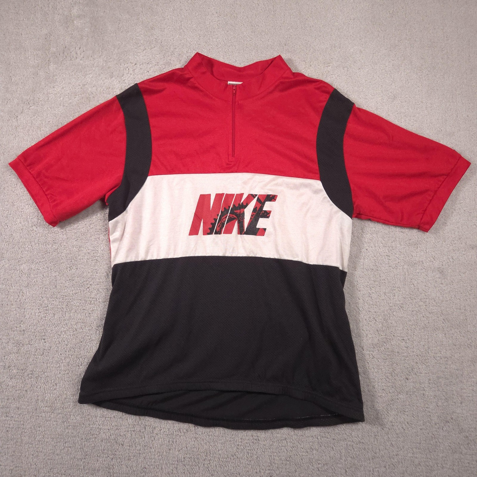 Vintage Nike Cycling Jersey Shirt Mens Large Red Black 1/4 Zip Mesh Graphic 90s