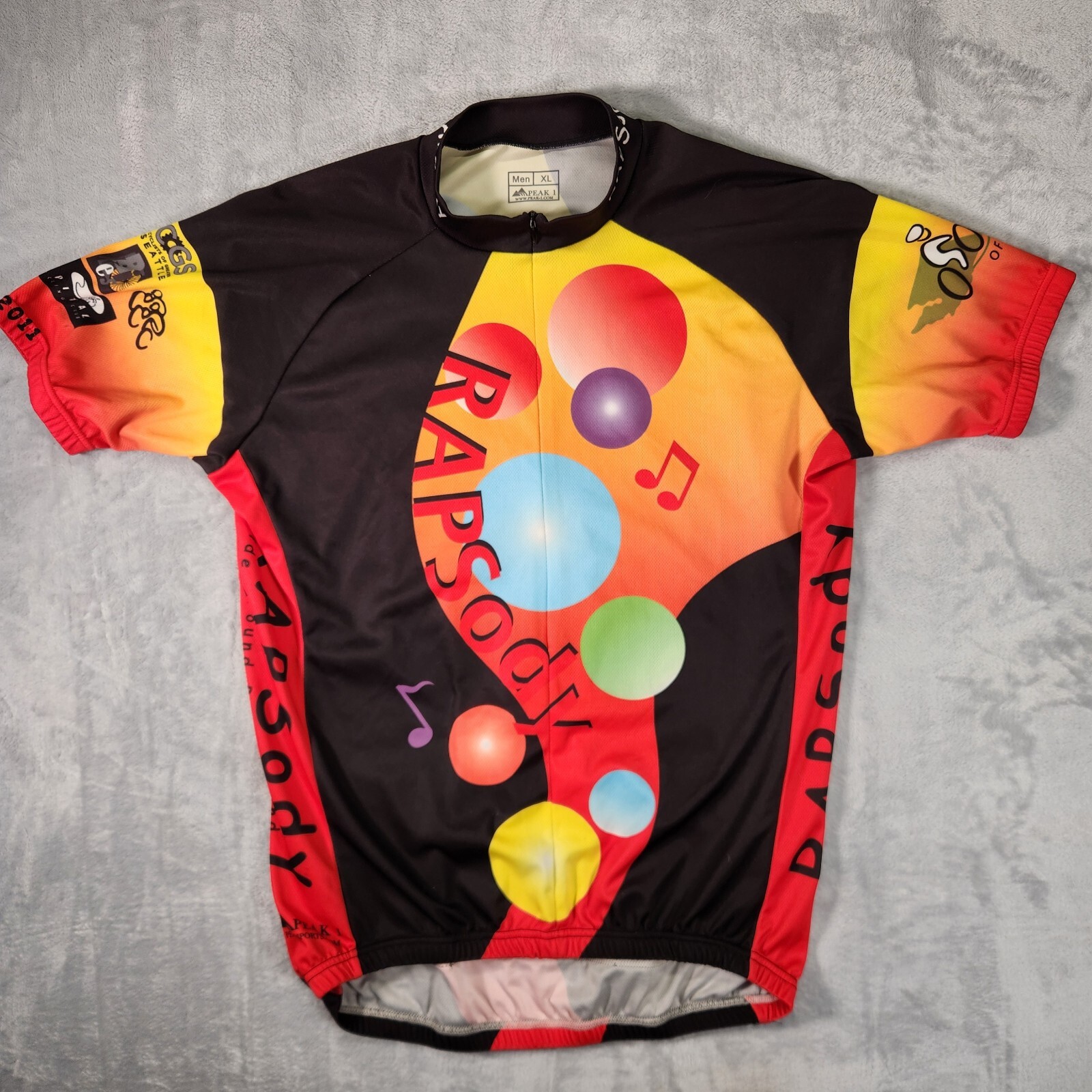 Peak 1 Cycling Jersey Mens XL Black Orange RAPSody 2011 Ride Around Puget Sound