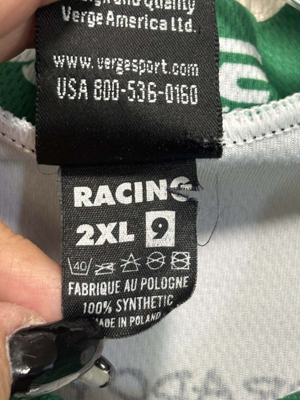 Verge Cycling Racing Jersey 2XL Full Zip Short Sleeve White/Green Logo