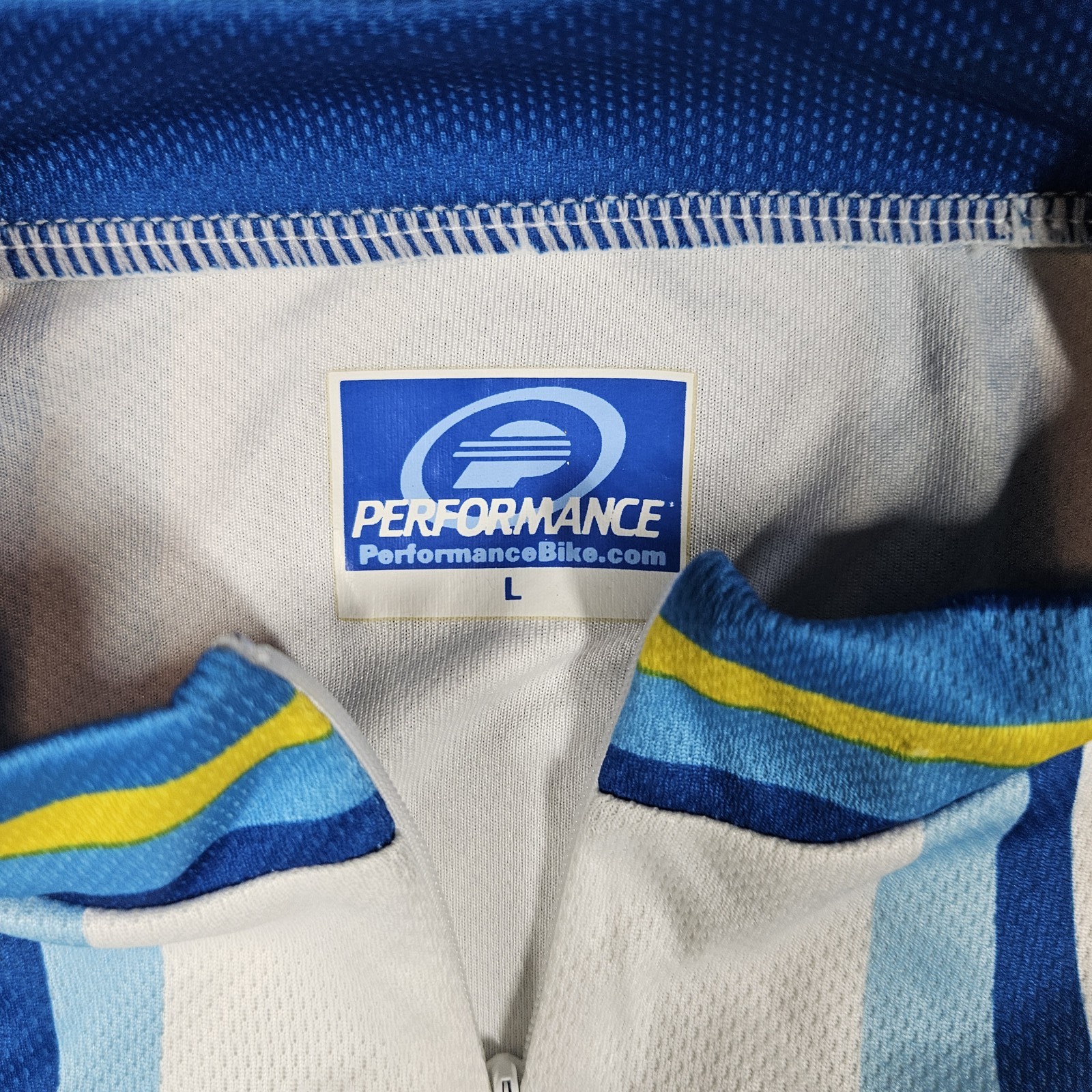 Performance Bike Primal Cycling Jersey Men’s Large Blue White Yellow Striped