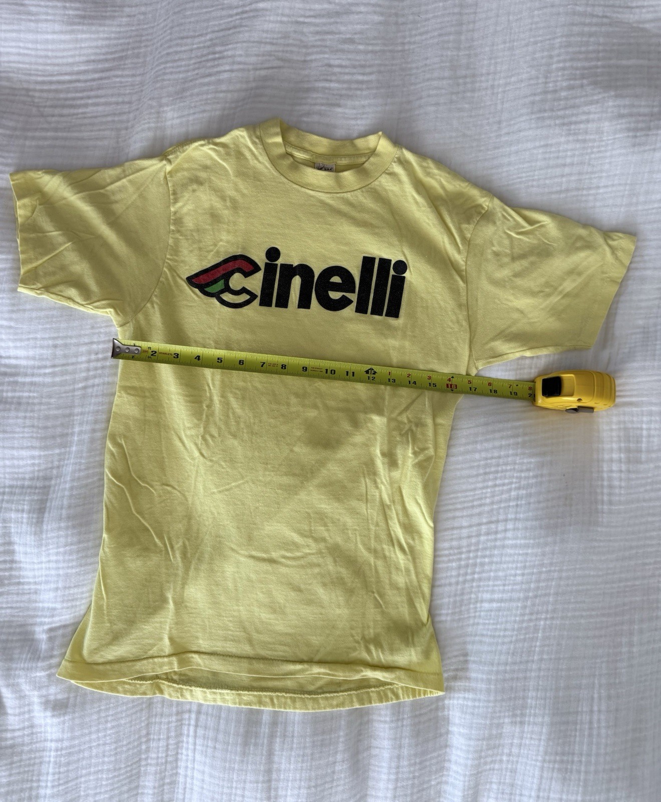 VTG Cinelli Yellow Cycling T-Shirt Logo Rear Pockets Crew Neck 100% Cotton L