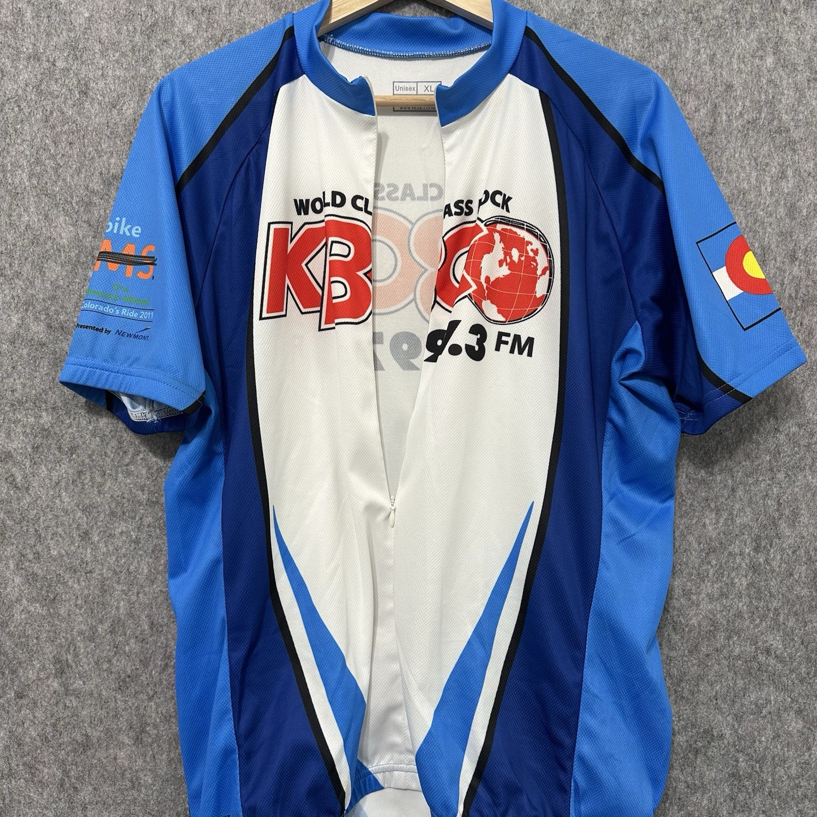 Peak 1 KBCO 97.3 FM Cycling Jersey Blue White Short Sleeve Unisex XL