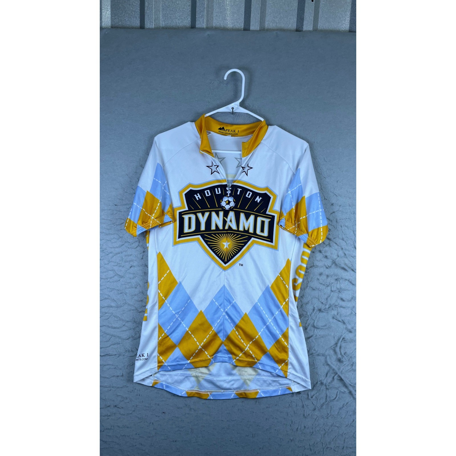 Peak 1 Houston Dynamo Cycling Jersey Mens S White Yellow Excellent MLS Argyle