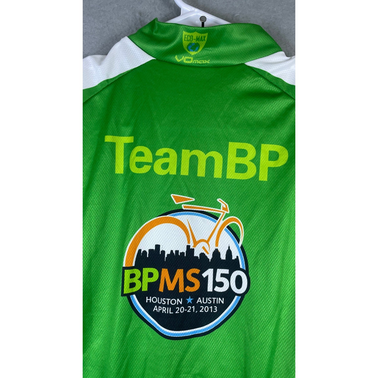 VOmax Cycling Jersey Mens M Green Excellent BP MS150 2013 Houston Austin Ride