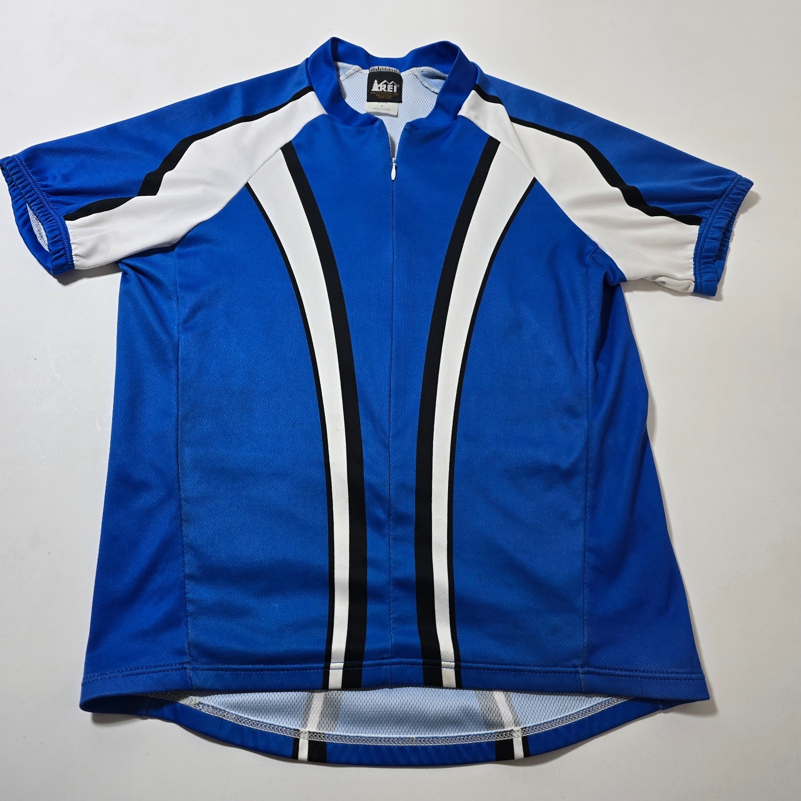REI Cycling Jersey Mens L Blue Mesh Lined Short Sleeve Half Zip Athletic Outdoor