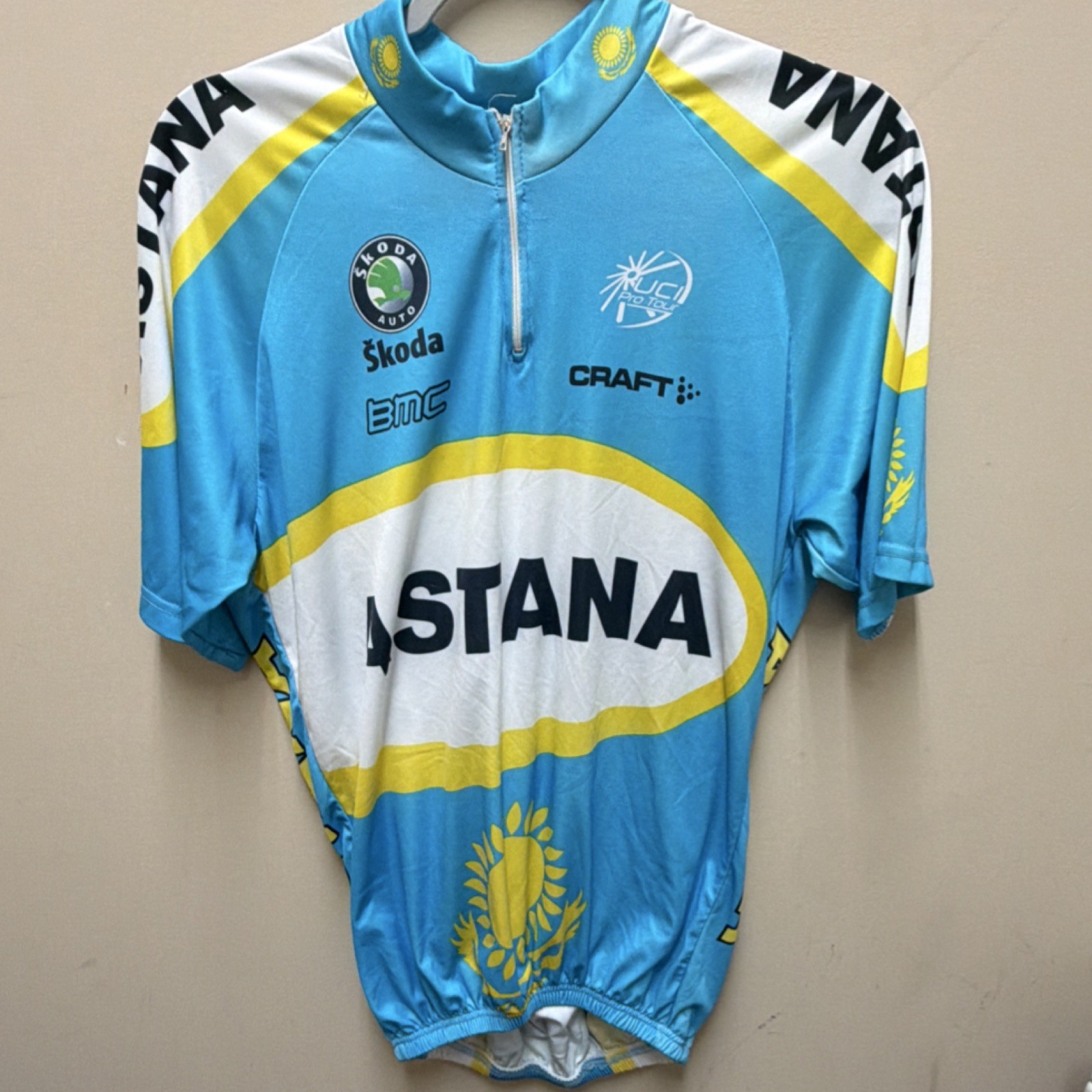 Astana Craft UCI Pro Tour Cycling Jersey XL Blue Yellow Short Sleeve Collared