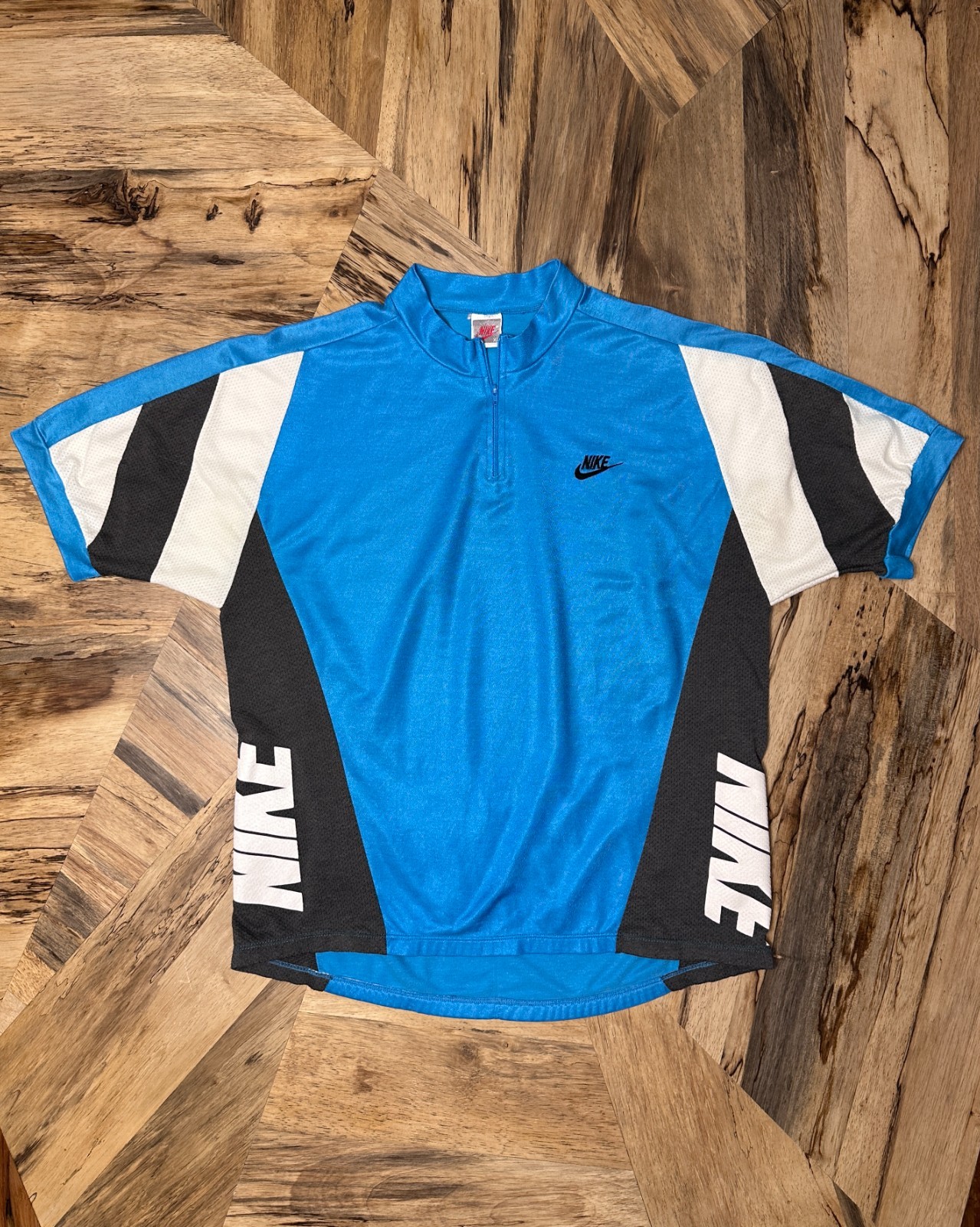 Vintage Nike Cycling Jersey Grey Tag Blue Spell Out Mesh 1/4 Zip XL 90s