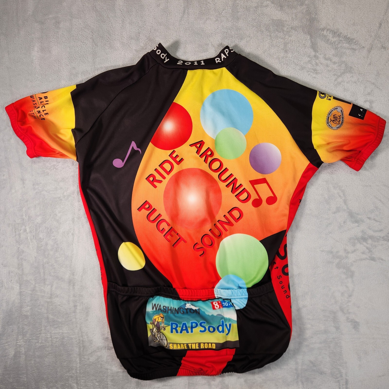 Peak 1 Cycling Jersey Mens XL Black Orange RAPSody 2011 Ride Around Puget Sound