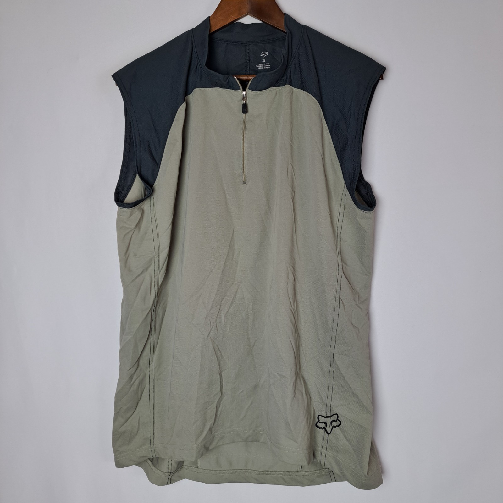 Fox Racing Cycling Jersey Mens XL Beige Gray Sleeveless 1/4 Zip Logo Back Pocket