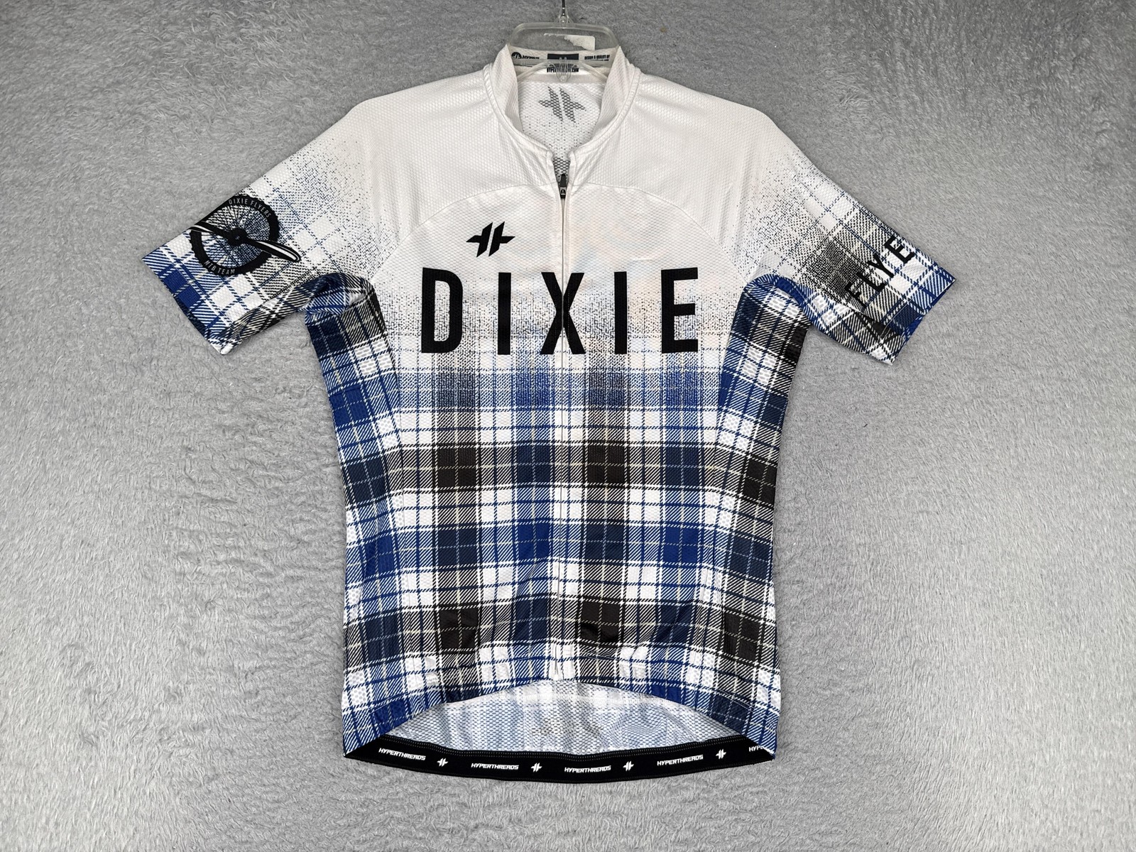 Hyperthreads Cycling Jersey Mens Medium Dixie Flyers Blue Plaid 1/4 Zip Pockets