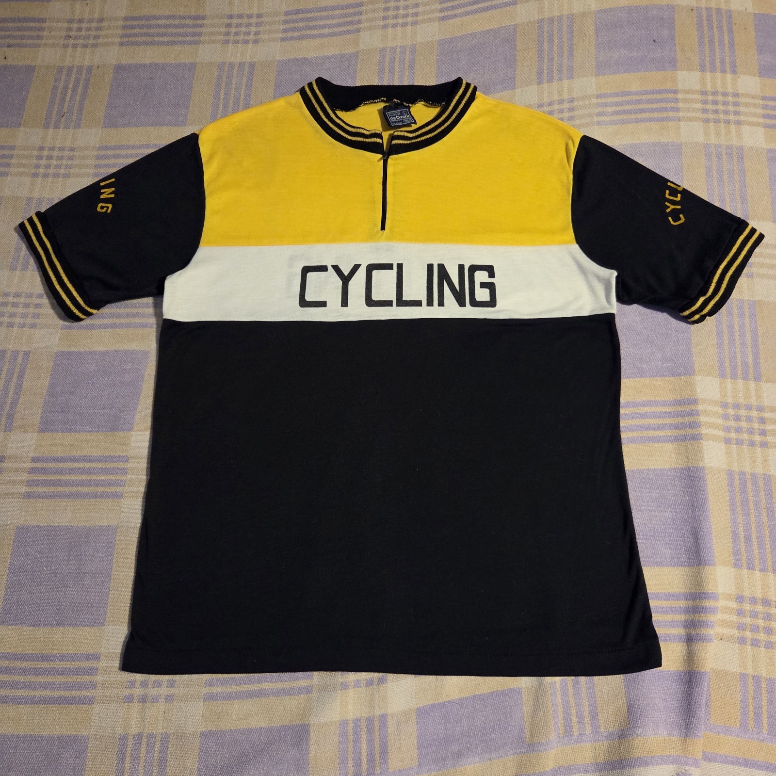 Vintage Cycling Jersey Network Knitwear Size Large Zip Up Color Block 70s Rare