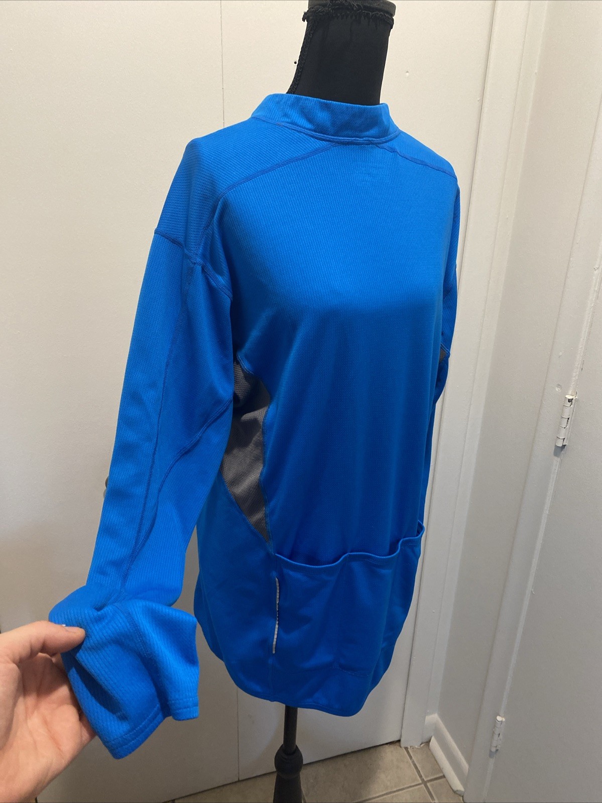 TRAYL Cycling Jersey XL Blue Gray Quarter Zip Long Sleeve MTB Road Bike Pocket