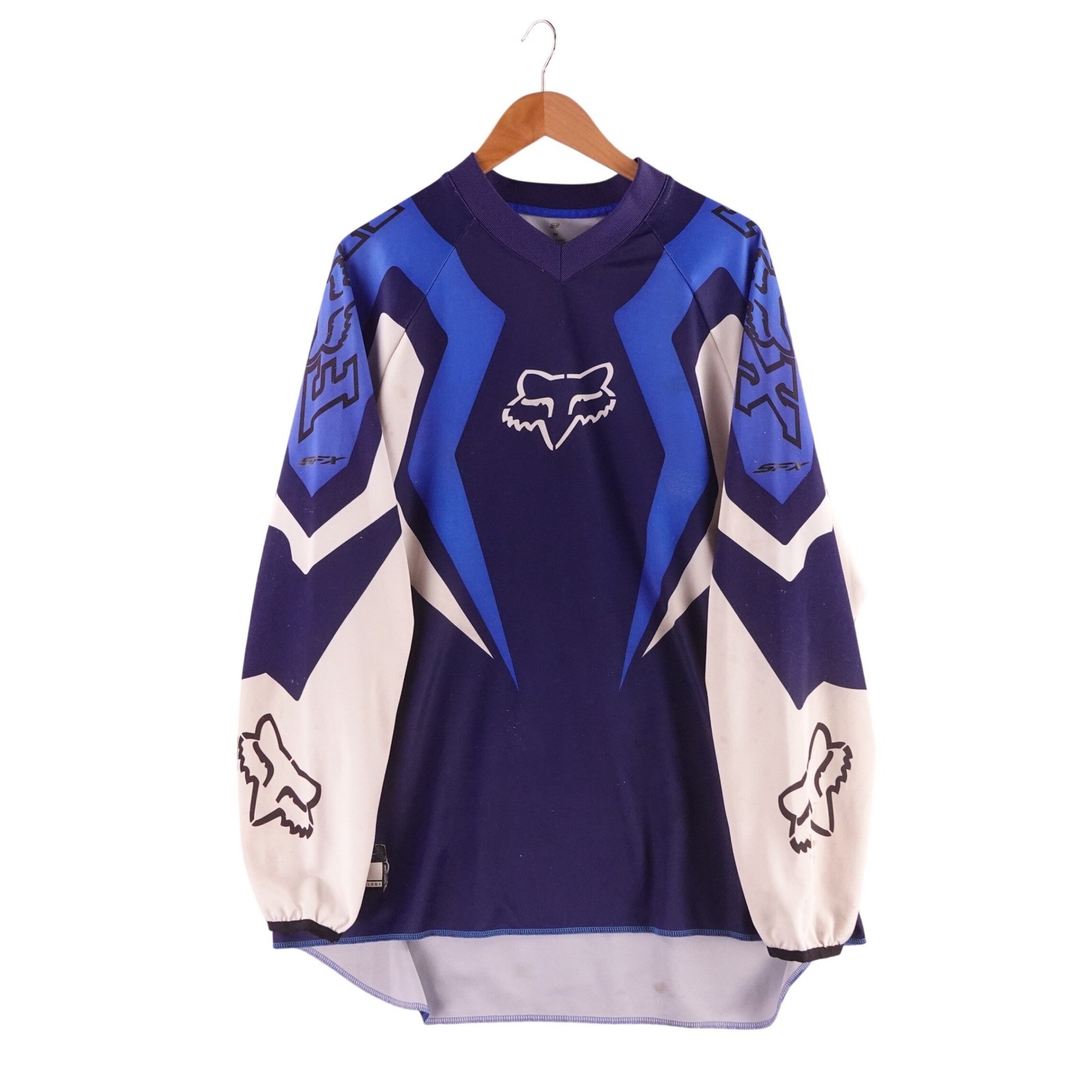 Fox Racing Men XXL SFX Motocross Jersey Blue White Long Sleeve V-Neck Racing Tee