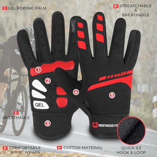 Cycling Gloves for Men Women, Full Finger, Anti-Slip Touchscreen Medium Red